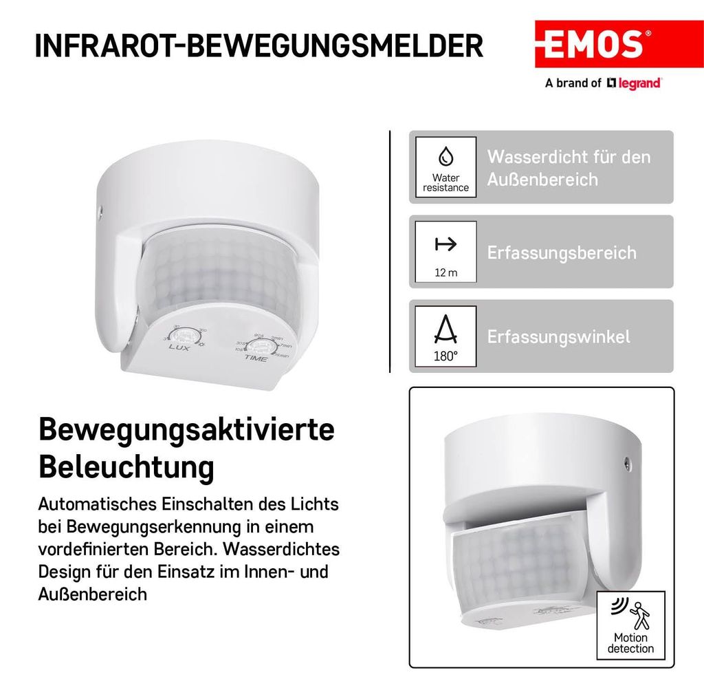 Sensore PIR EMOS (sensore di movimento) IP65 1200W, bianco, Immagine del prodotto 