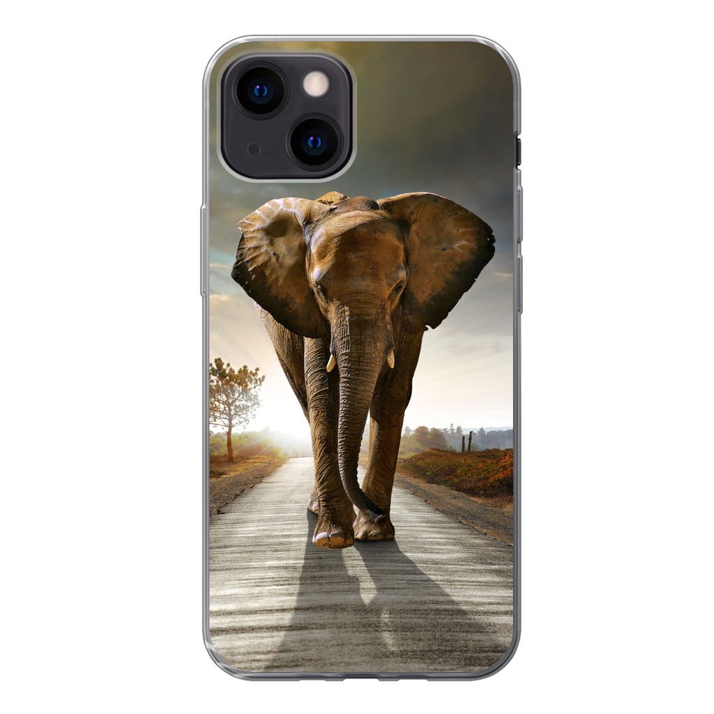 MuchoWow Handyhülle Schutzhülle Hülle für iPhone 13 mini Elefant - Straße - Tiere - Sonnenuntergang - Landschaft Silikon Softcase Handy Hül...
