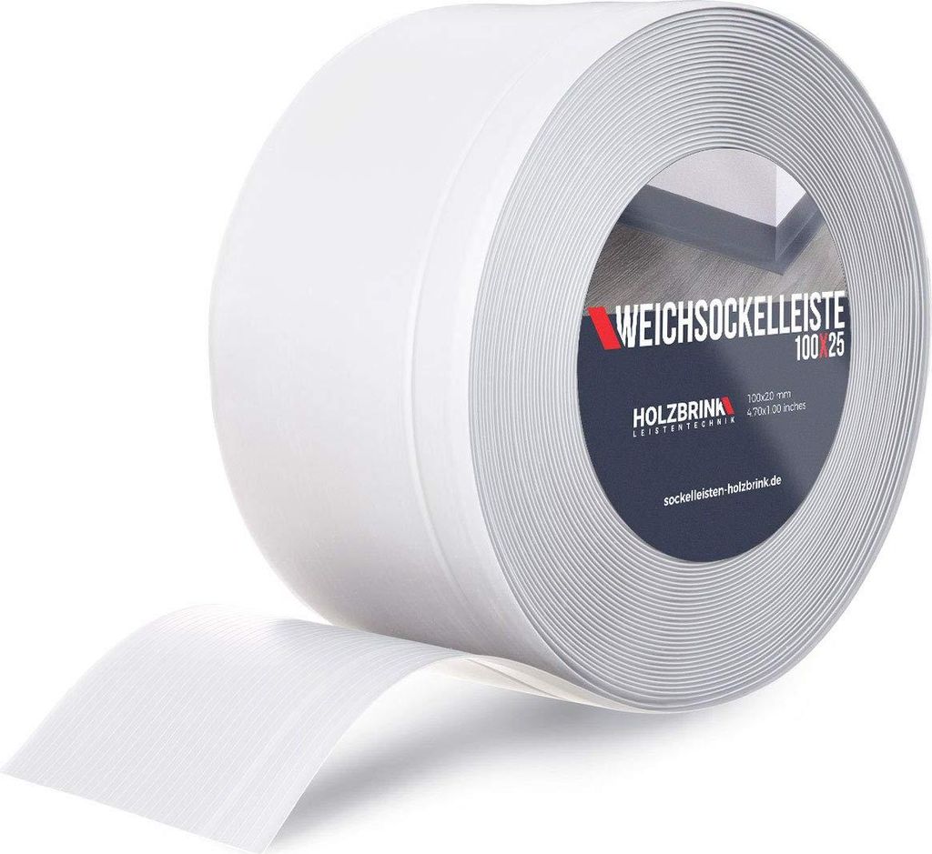 HOLZBRINK Weichsockelleiste PVC 100x25mm, 20 m | Wandleiste ohne Klebestreifen für Küche, Garage, Flur | Wandabschlussleiste PVC | Farbe: Weiß