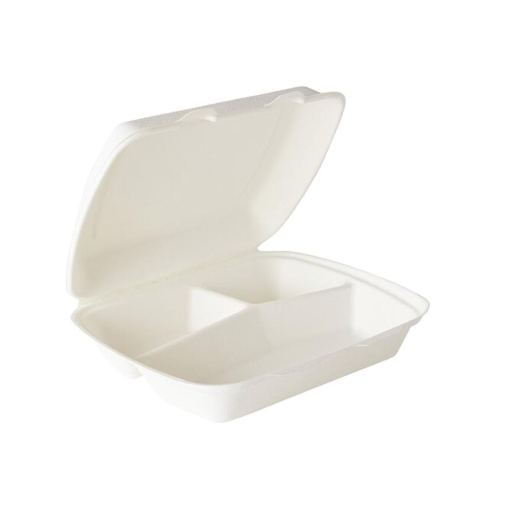 200 Menüboxen / Lunchboxen HP4 Bagasse 245x210x72 mm weiß 3-geteilt