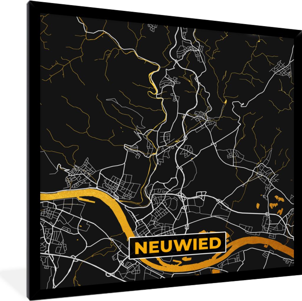 MuchoWow Gerahmtes Poster Deutschland - Schwarz und Gold - Neuwied - Stadtplan - Karte 40x40 cm - Poster mit Schwarzem Bilderrahmen Wandposter Ra...
