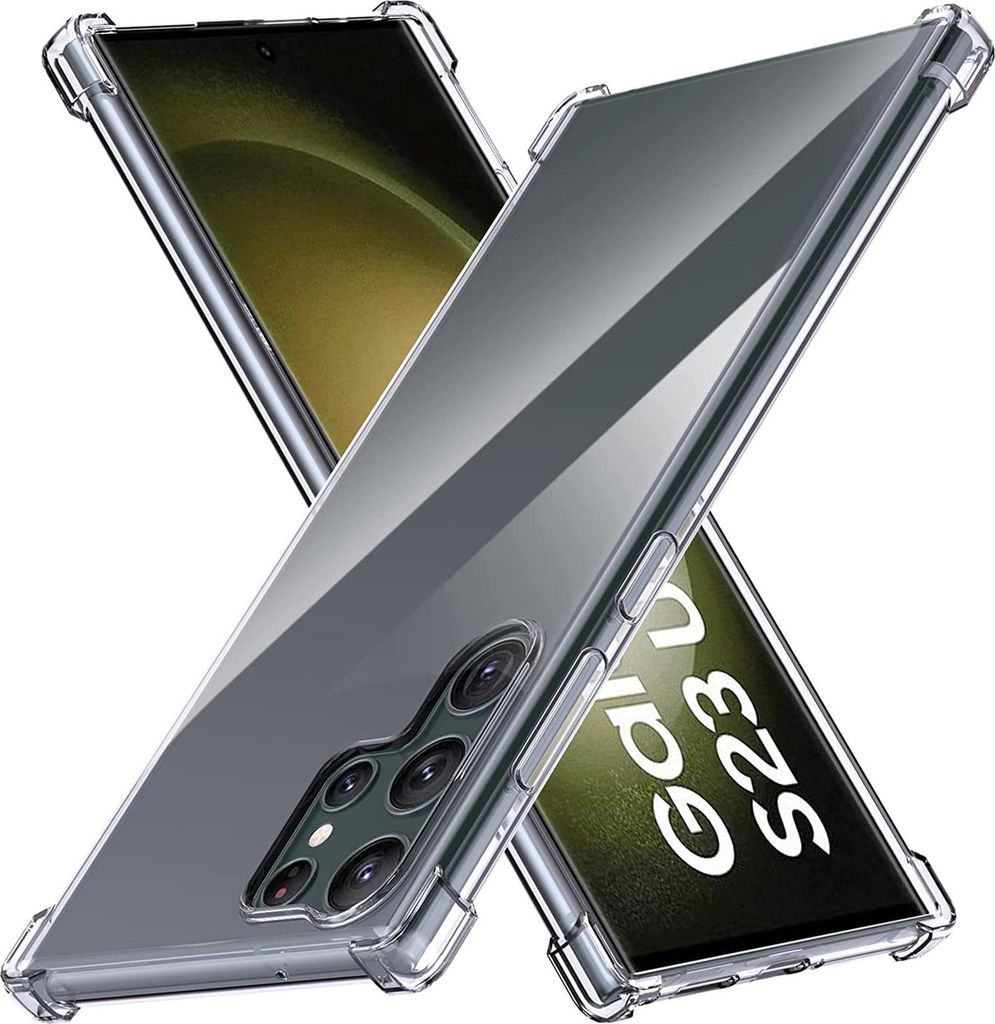 Two transparent phone cases are shown diagonally, with one partially covering the other. The phone screen visible through the cases displays text.