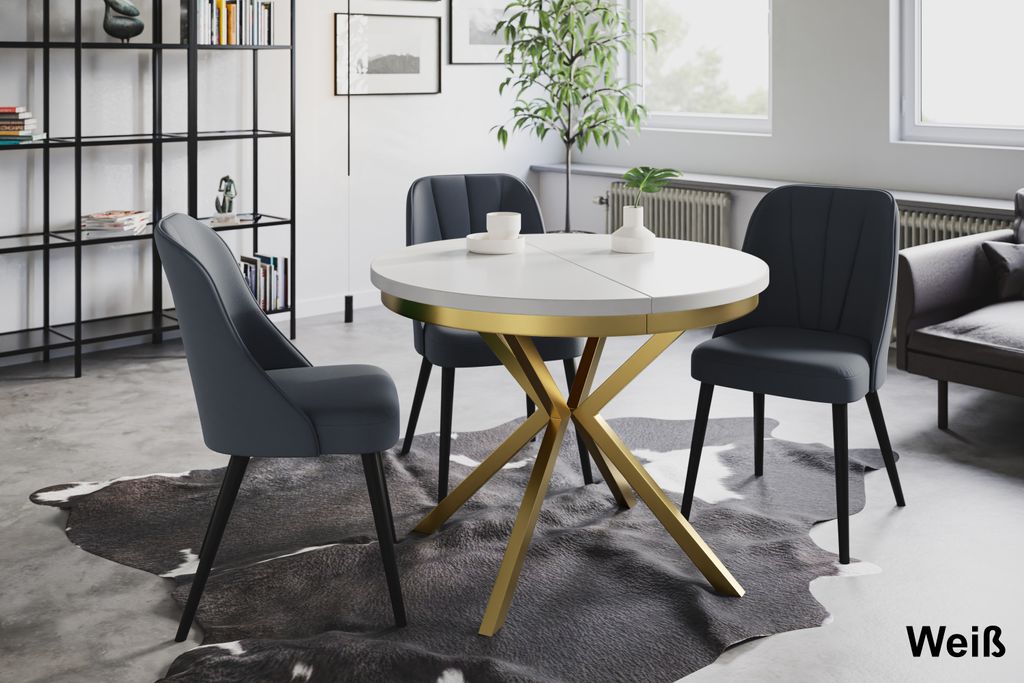 Table à Manger Extensible AlpiMeble LOFT LITEN – Ronde, Beige, Diamètre 90/170 Cm, Pieds Métal Noir