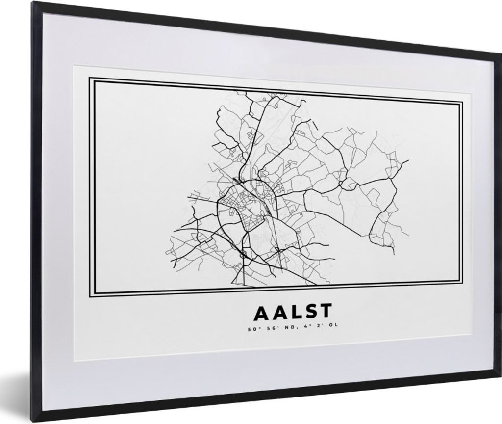 MuchoWow Gerahmtes Poster Karte - Aalst - Schwarz und weiß - Belgien - Stadtplan - Karte 60x40 cm - Poster mit Schwarzem Bilderrahmen Wandposter...