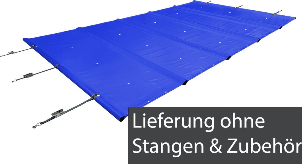 A blue pool cover is shown laid out on a white background.