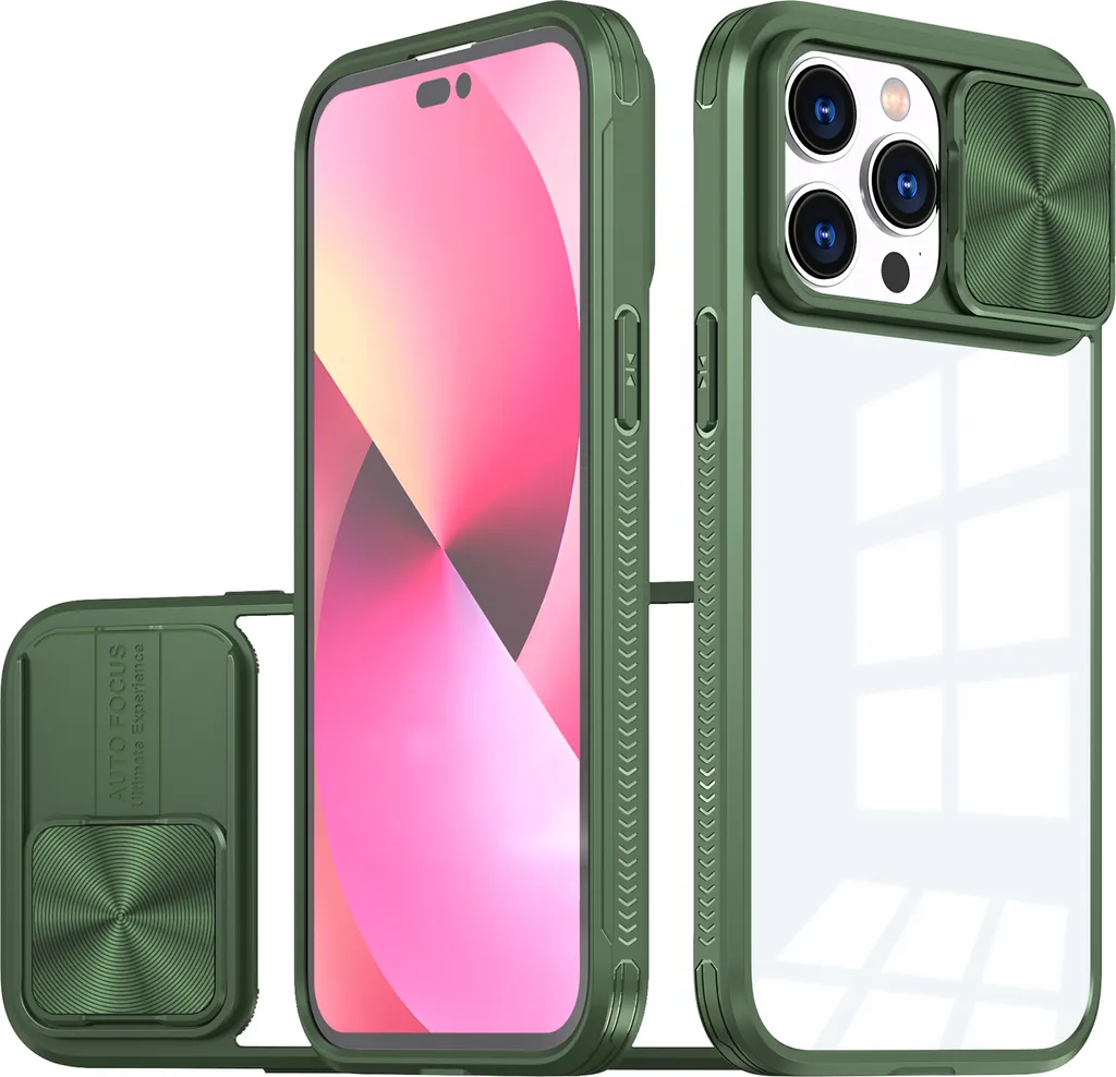 Custodia Ibrida iPhone 14 Pro: TPU Verde e Copertura Camera Scorrevole