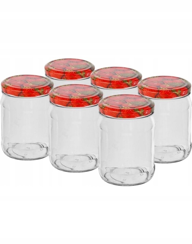 Six clear glass jars with red lids decorated with strawberries, arranged in two rows on a white background.
