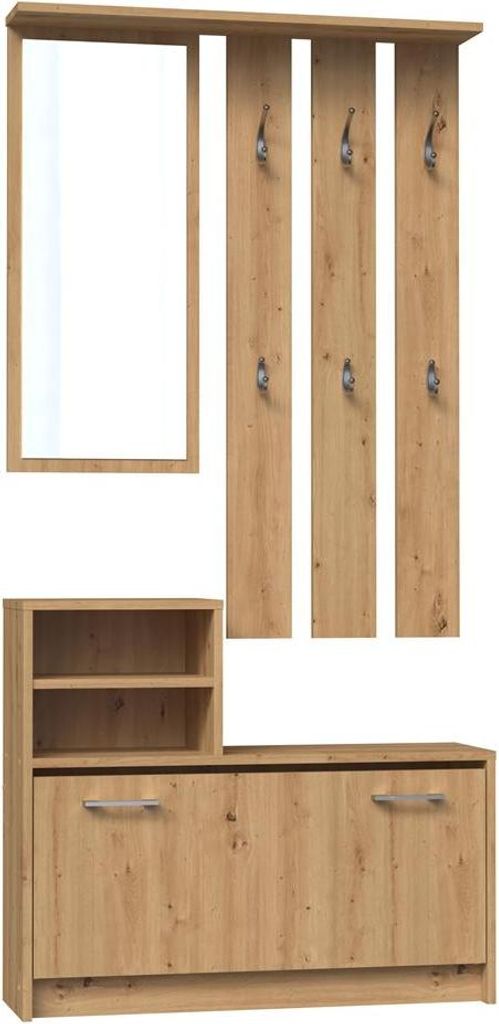Kleiderbügel mit Spiegel und Schuhschrank - Garderobe für 8-9 Paar Schuhe | Handwerkliche Eiche