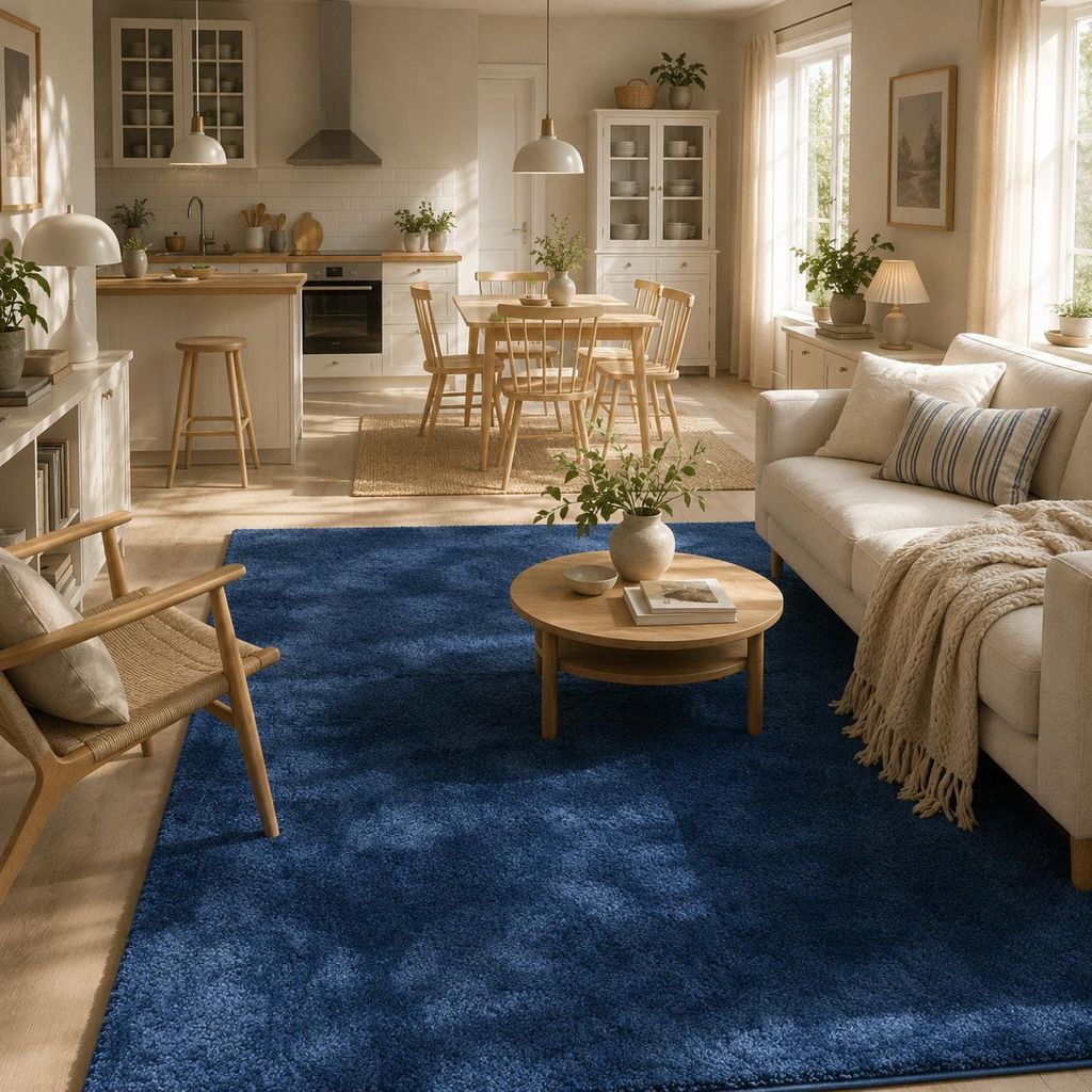 Luxus Super Soft Hochflor Teppich Silky Dunkelblau, Produktbild  KI-generiertes Bild