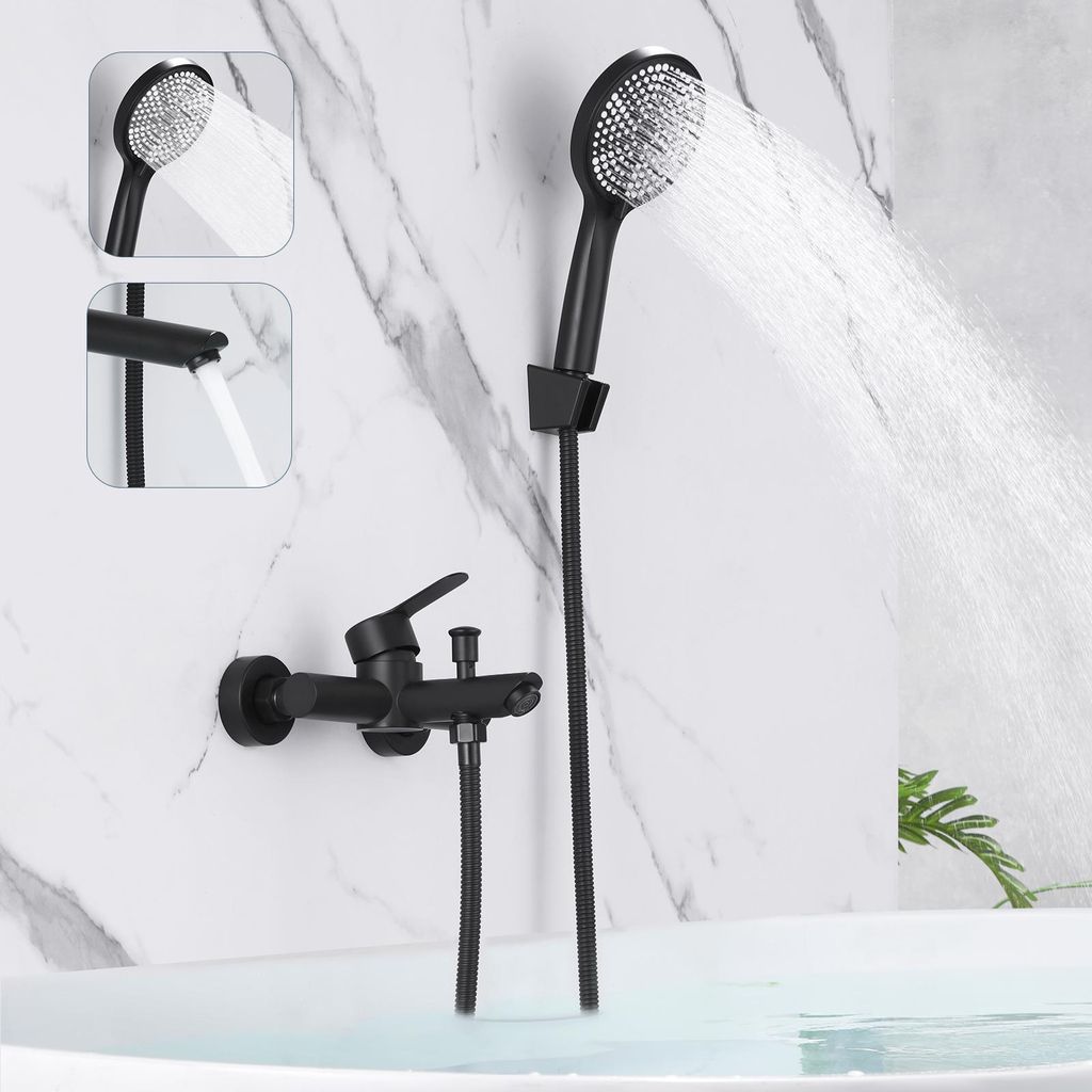 ZMH Wannenarmatur Schwarz mit Handbrause Mischbatterie Badewanne mit Brause Aufputz Wasserhahn mit Duschkopf 150mm Wandmontage Armatur 3 Funktionen