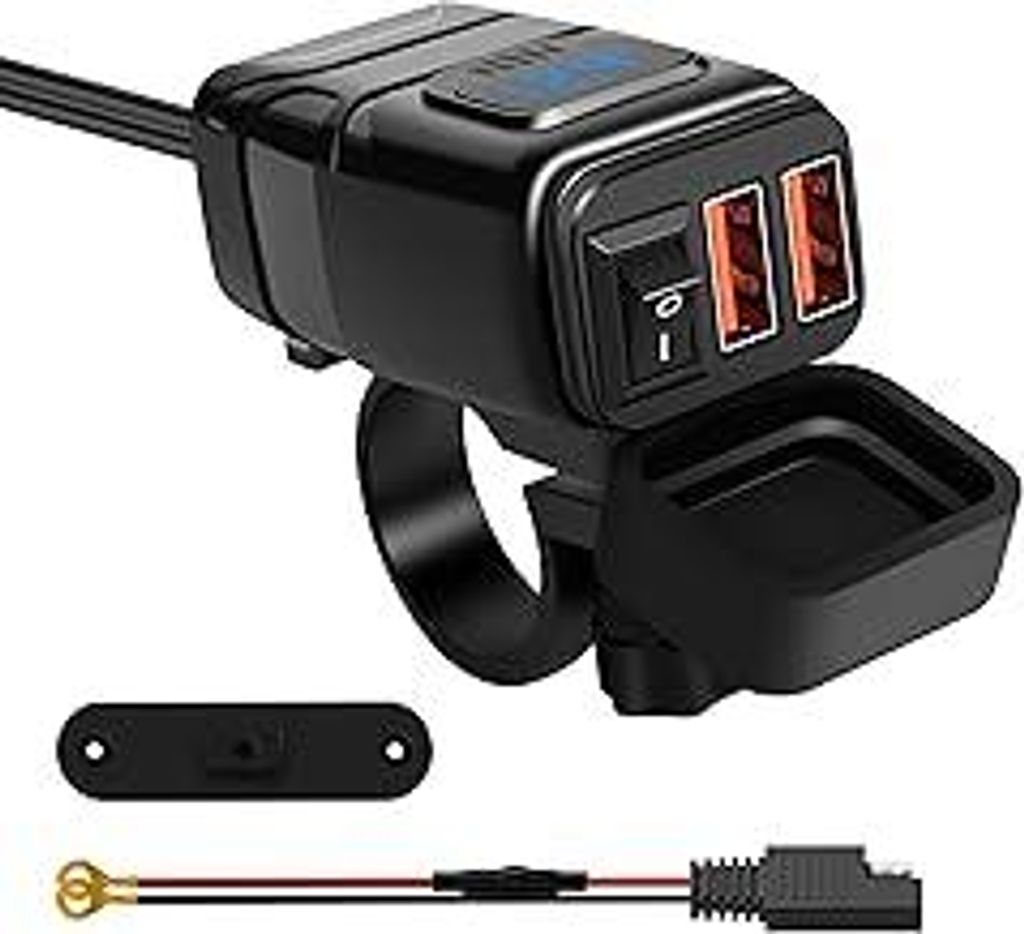 USB Ladegerät Motorrad, QC 3.0 Dual USB Adapter Steckdose mit Schalter, LED Digital Voltmeter, Doppelstecker Buchse DC 12V für GPS, Sat NAV und S...