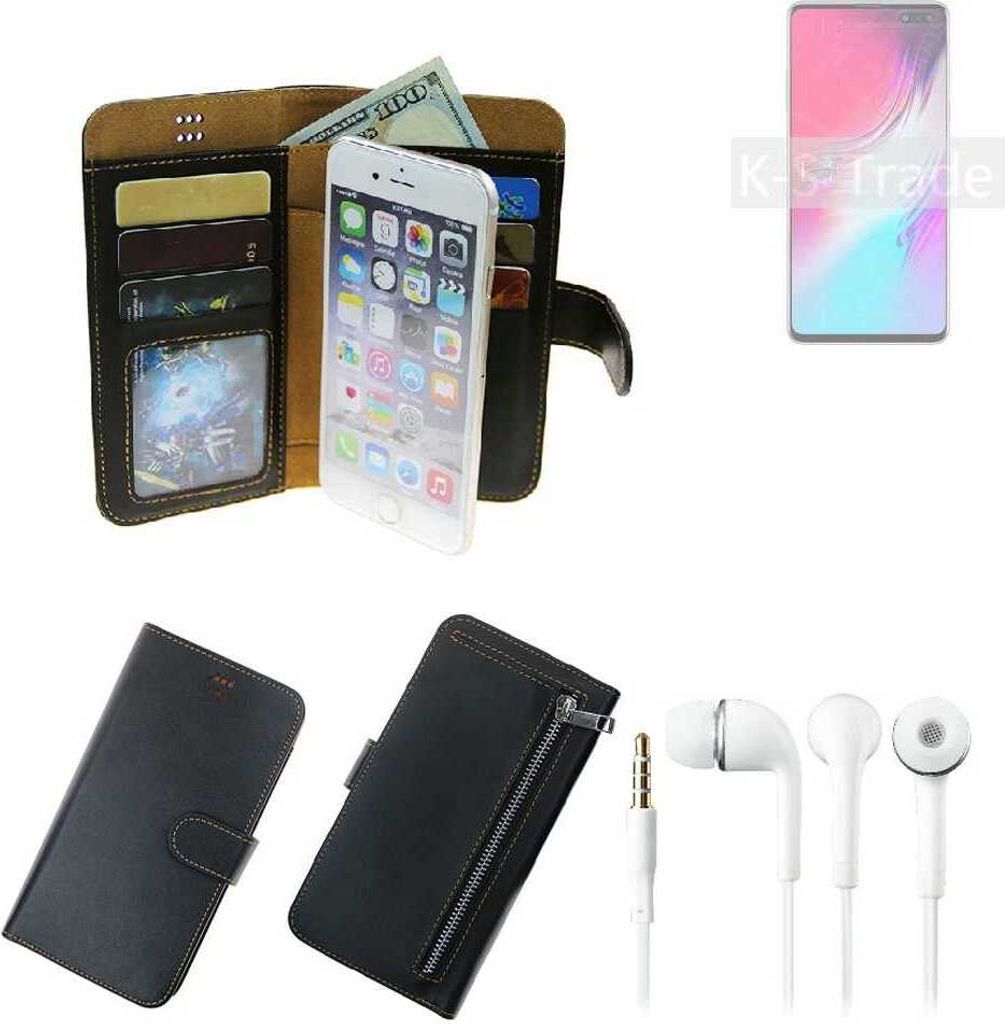 TOP SET Handy Hülle Schutz Hülle kompatibel mit Samsung Galaxy S10 5G Exynos schwarz aus Kunstleder + Kopfhörer Smartphone Tasche vollwertige