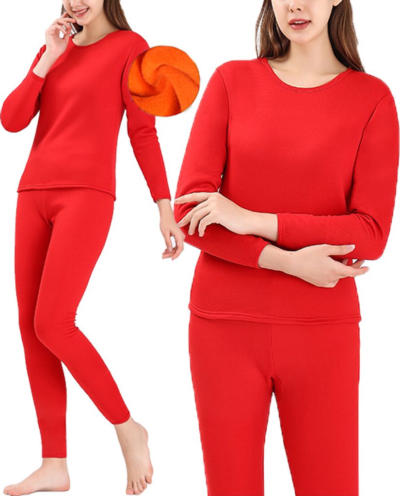 ASKSA Damen Thermounterwäsche Set Innenfleece Thermo Unterhemd Wärmer Funktionsunterwäsche, A-Rot, 2XL
