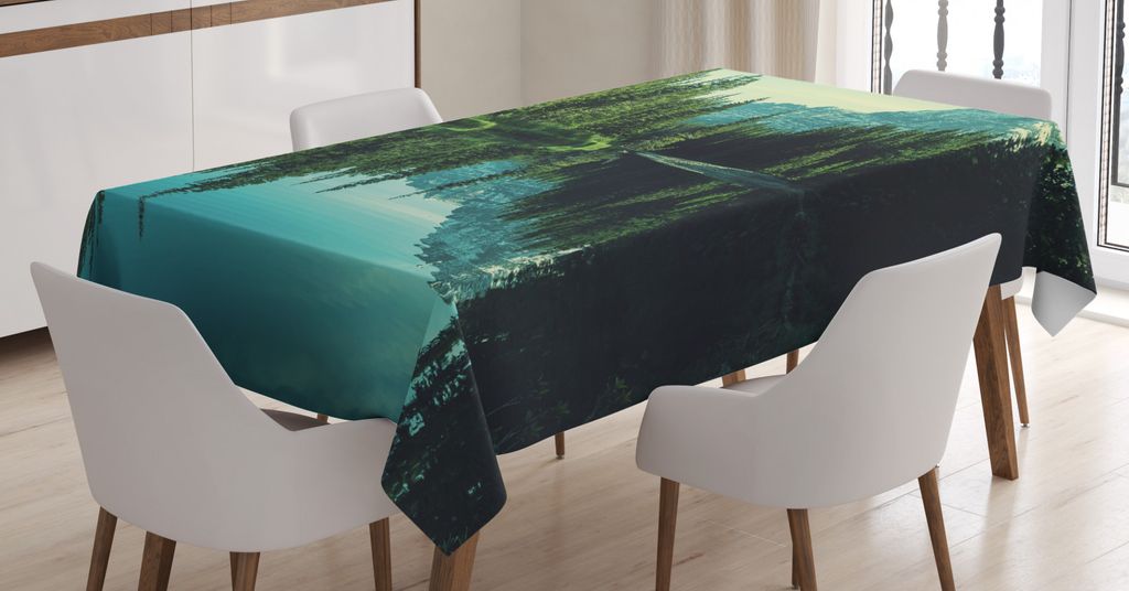 ABAKUHAUS Glacier Nationalpark Tischdecke, Baum-Reflexionen auf ruhigem Wasser, Pflegeleicht mit Modernster Druck Technologie Waschbar und Personal...