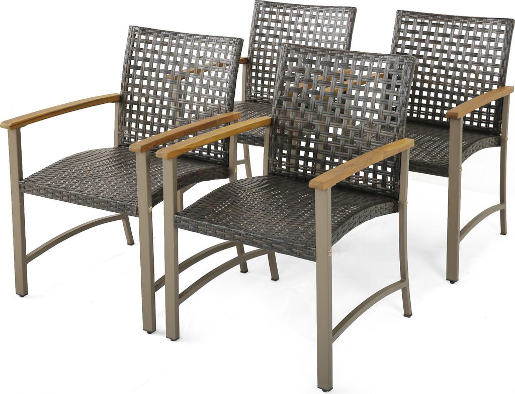 Terrassen-Dining-Stühle-Set von 4, Outdoor-PE-Rattan & Heavy-Duty-Metallstühle mit Akazienholz-Armlehnen, Outdoor-Rattansessel, Natur + Braun