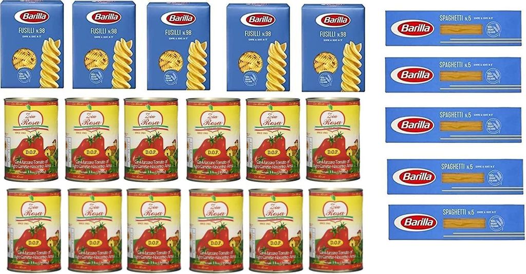 Testpaket Barilla italienisch Pasta ( 10 x 500g ) Fusilli - Spaghetti + Zia Rosa DOP Pomodoro San Marzano Tomate aus Kampanien Dose von 400g 12x 400g