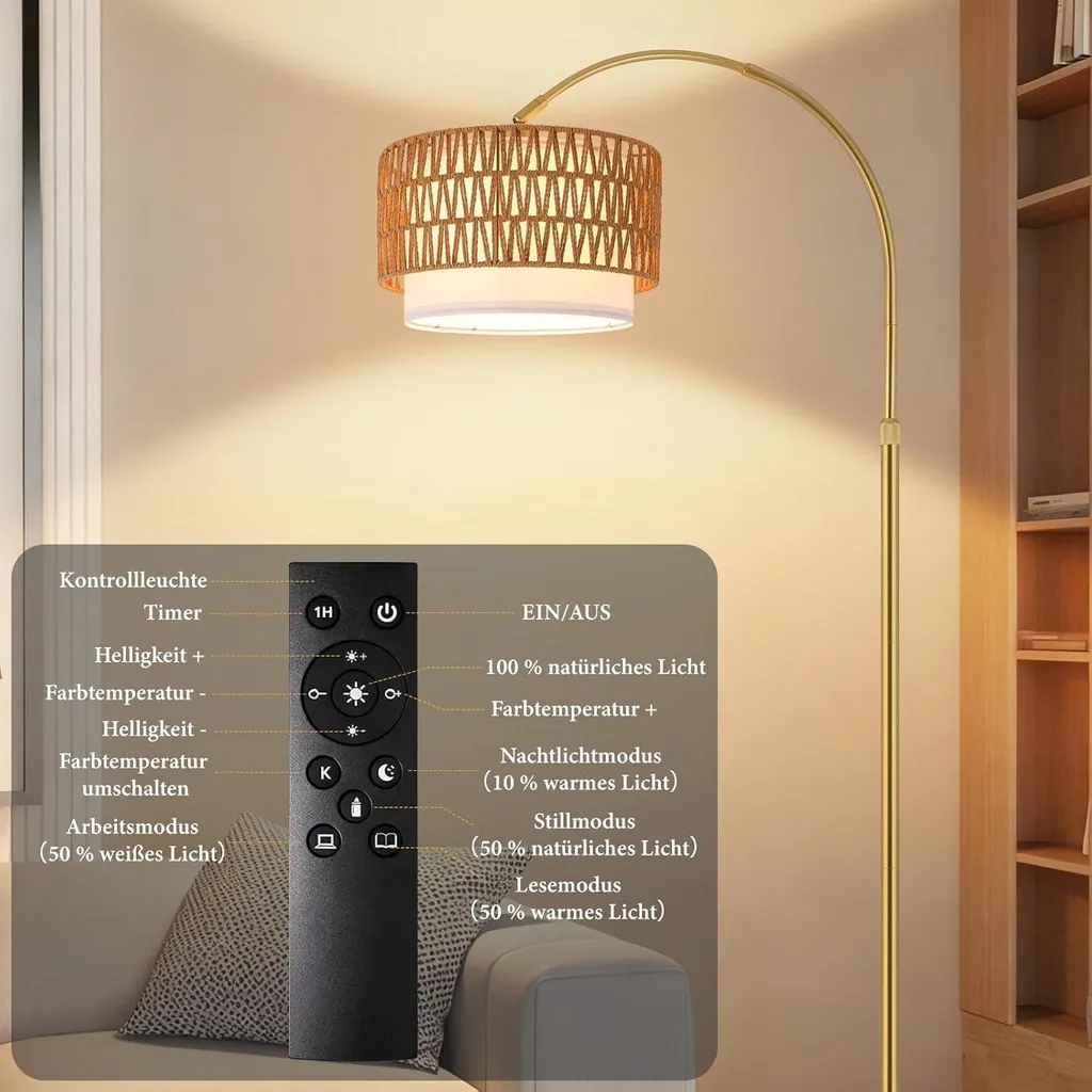ZMH Lampadaire Boho Rattan Doré avec Télécommande et LED E27 Dimmable - 8