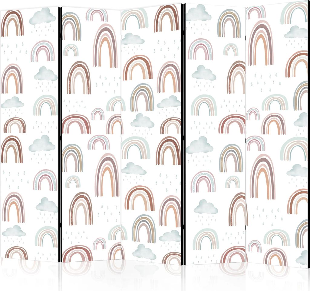 5-teiliger Doppelseitiger Vlies Paravent - Rainbows and Clouds - Rainbows of Various Sizes in Muted Colors Among Rain Clouds in a Pale Blue Shade 2...