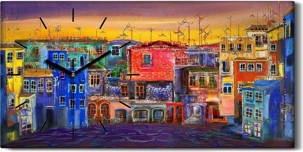 Leinwand Uhr Küche Wohnzimmer Bild 60x30 Wandkunst Malerei Stadt Häuser Straße - schwarze Hände