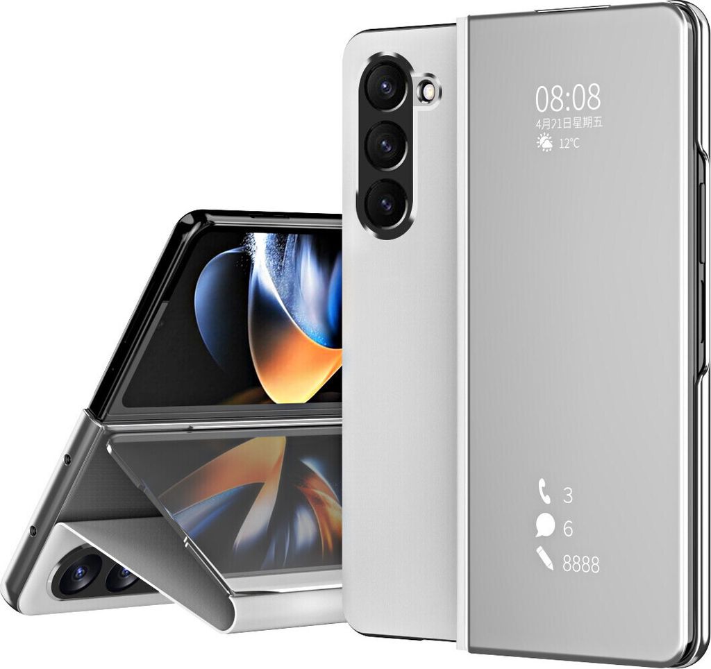 Hülle für Samsung Galaxy Z Fold 6 Lichtdurchlässigen Spiegel Abdeckung, Klappetui Ständer Kunstleder Schutzhülle Silber