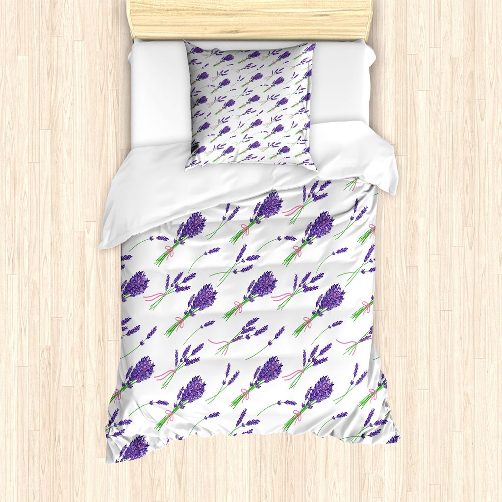 ABAKUHAUS Blumen Bettbezug Set für Einzelbetten, Wiederholte Lavendelsträuße, Milbensicher Allergiker geeignet mit Kissenbezug, 135 cm x 200 cm ...