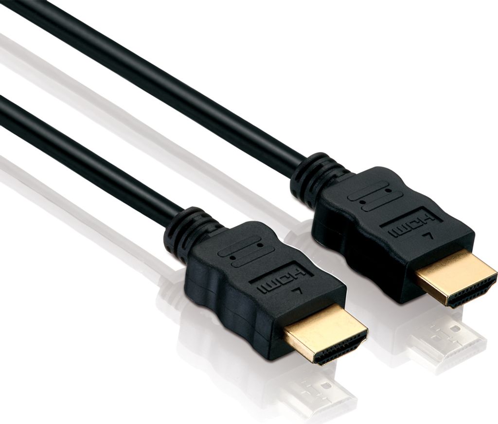 A close-up studio shot of two HDMI cables with gold-plated connectors against a white background.