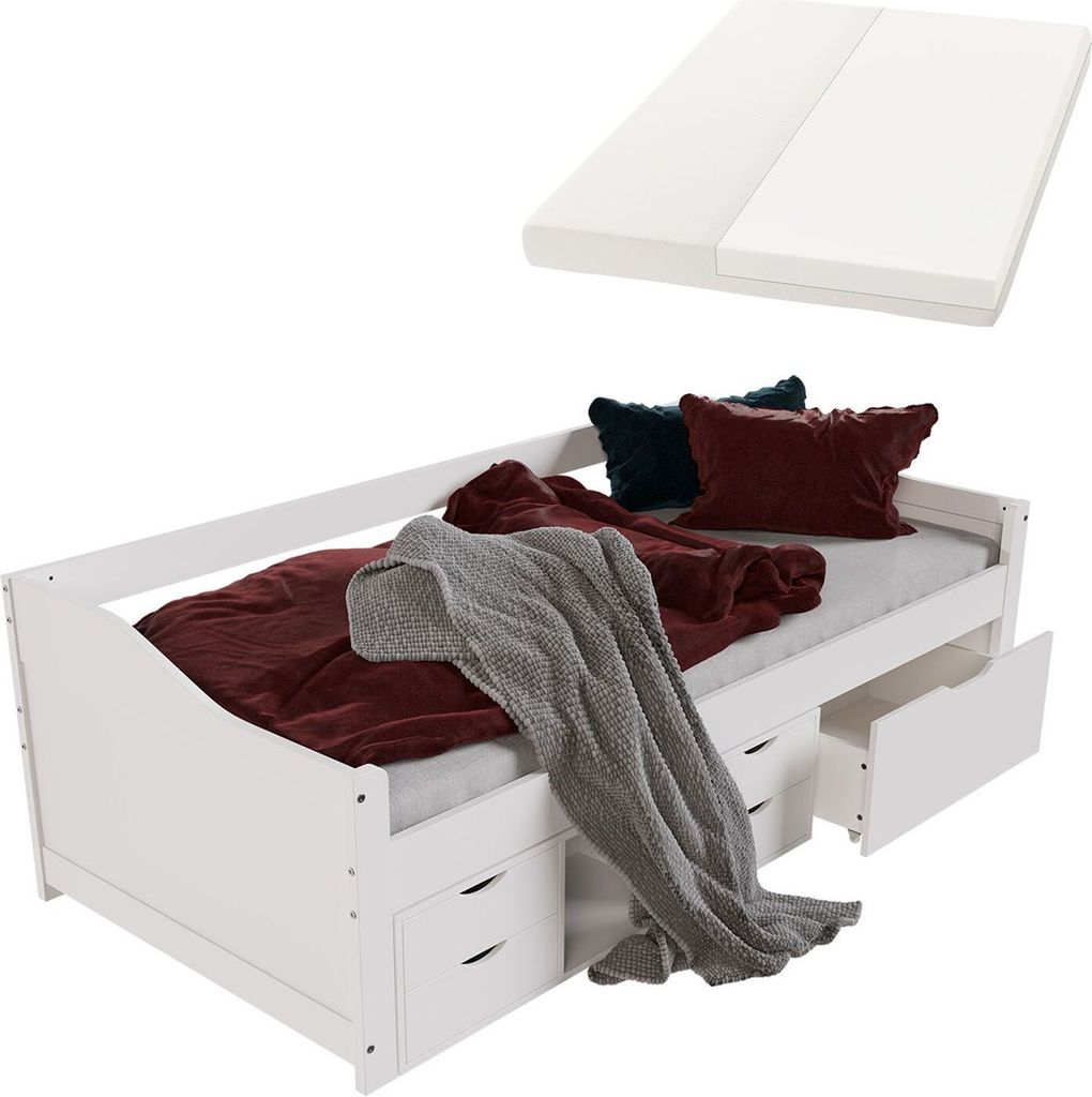 Juskys Funktionsbett Nalu 90x200 cm - Holz Bett mit Matratze, Lattenrost & Schubladen - Weiß