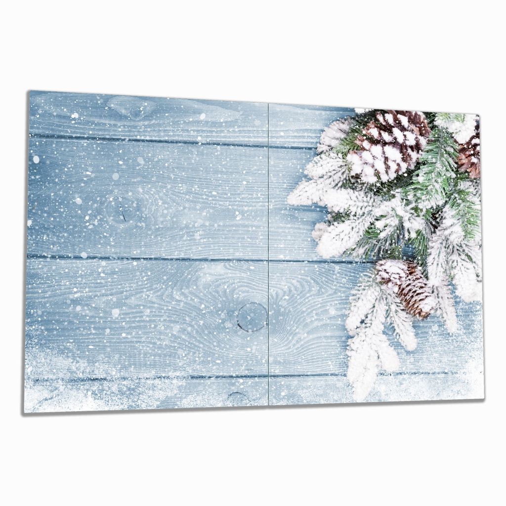 Wallario Herdabdeckplatte aus Glas, Größe 80 x 52 cm 2-teilig, Motiv Verschneite Tannenzweige auf Holz - Winterdekoration