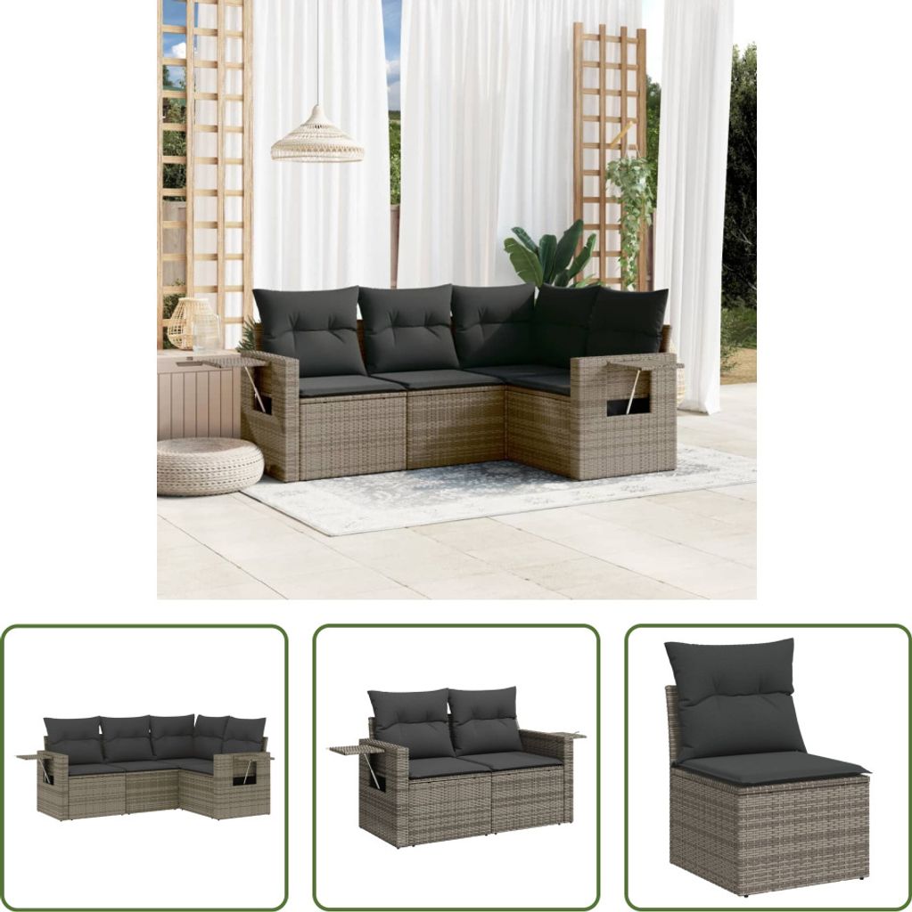 The Living Store 4-tlg. Garten-Sofagarnitur mit Kissen Grau Poly Rattan