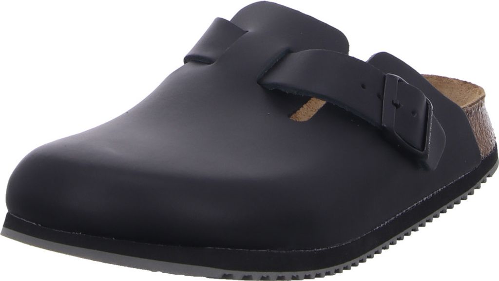A black Birkenstock Boston SL Pantolette shoe is shown from the side against a white background.