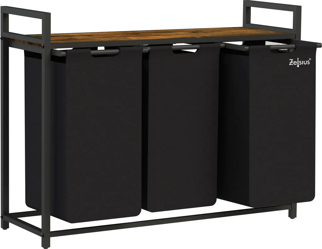 Panier à linge 3 compartiments avec étagère bois noir gain de place - 5