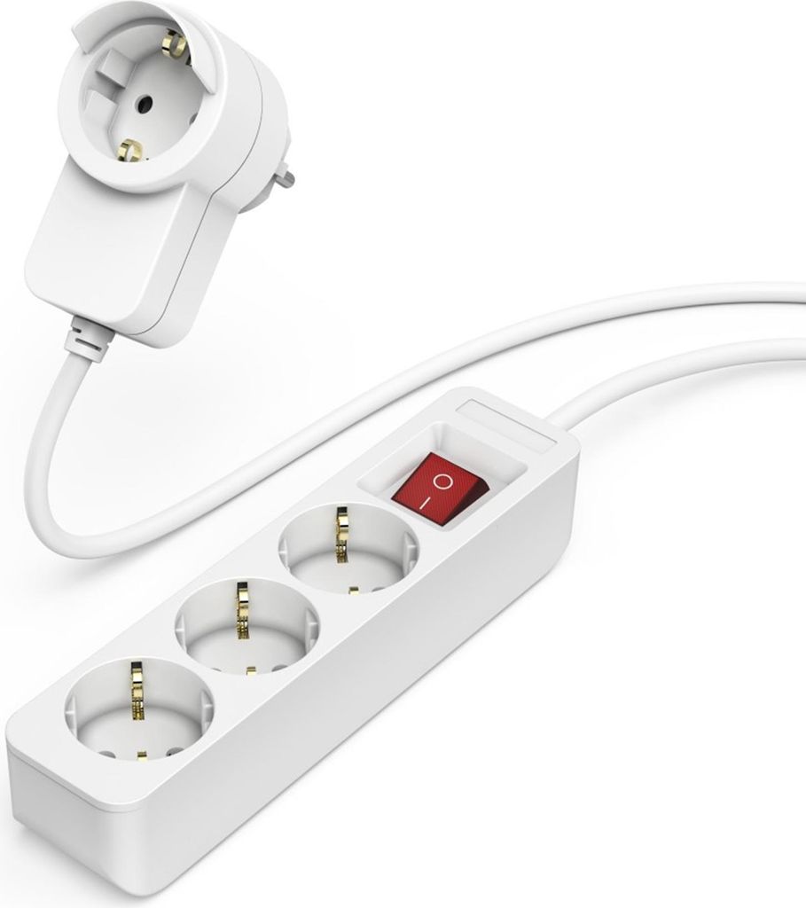 A white power strip with three outlets and a red on/off switch, connected to a white plug with an additional socket.
