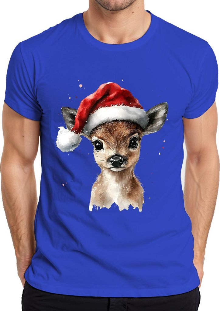 Rehkitz Weihnachten Santa Aquarell niedlich Geschenk Winter Herren T-Shirt, Blau, XL
