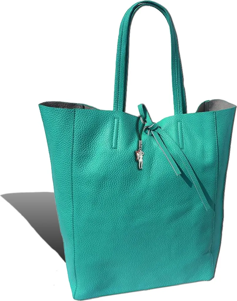 Sac Shopping Turquoise en Cuir Véritable pour Femme - Format 30x35x15