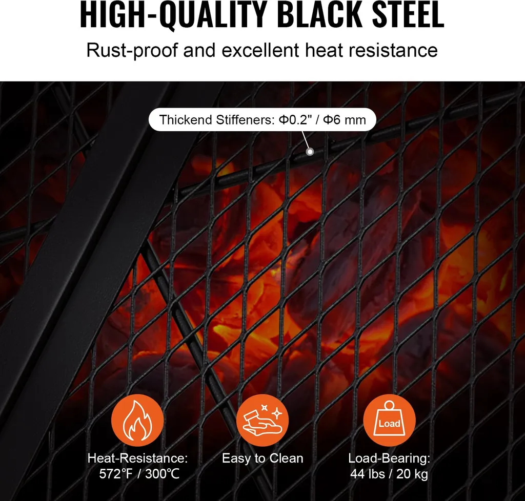 Grille de feu de camp robuste 910 mm pliable pour éviter chute des aliments