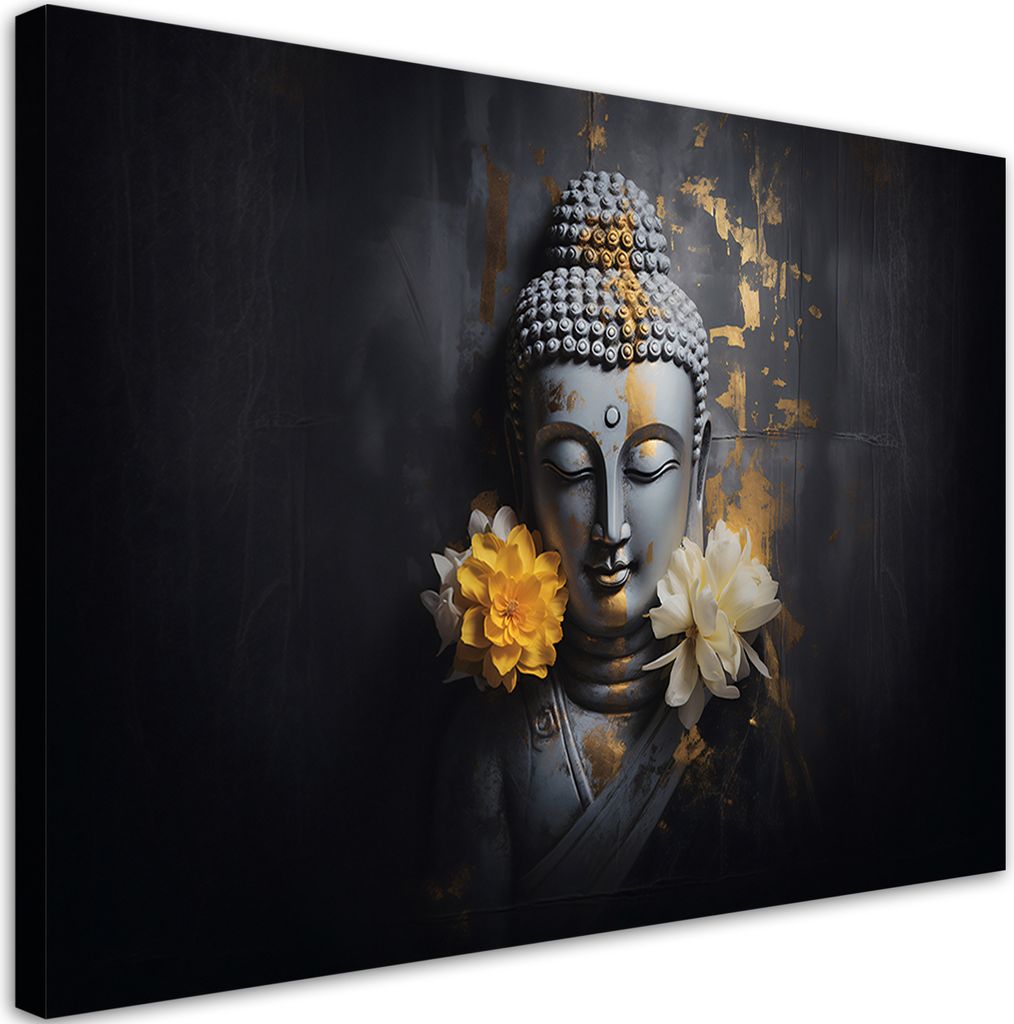 Leinwandbild Grauer Buddha und Blumen 90x60 Feeby Schwarz bild für die wand bereit zum aufhängen