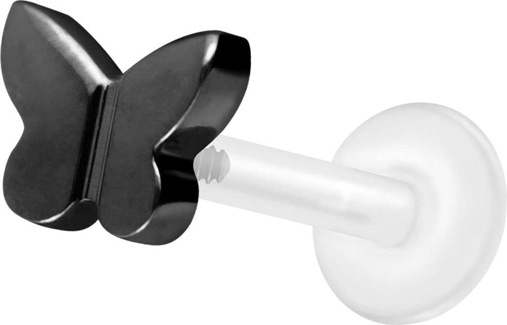 Ohrpiercing, Nasenpiercing PTFE Labret mit Innengewinde + Titan-Aufsatz SCHMETTERLING Schwarz Stablänge: 10mm | Stabstärke: 1,2mm