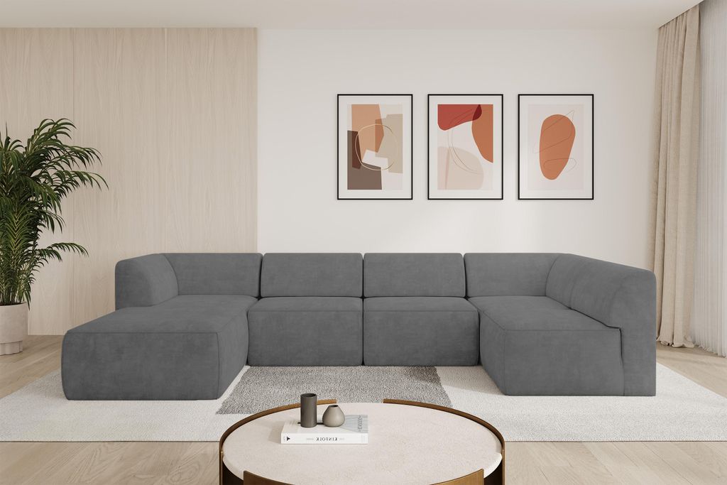 ALTDECOR Ecksofa Wohnlandschaft MOVO-L 345x180x78 cm - Grau Velours Corner Sofa Eckcouch Couch U-Form, Links angeordnet Ausziehbar