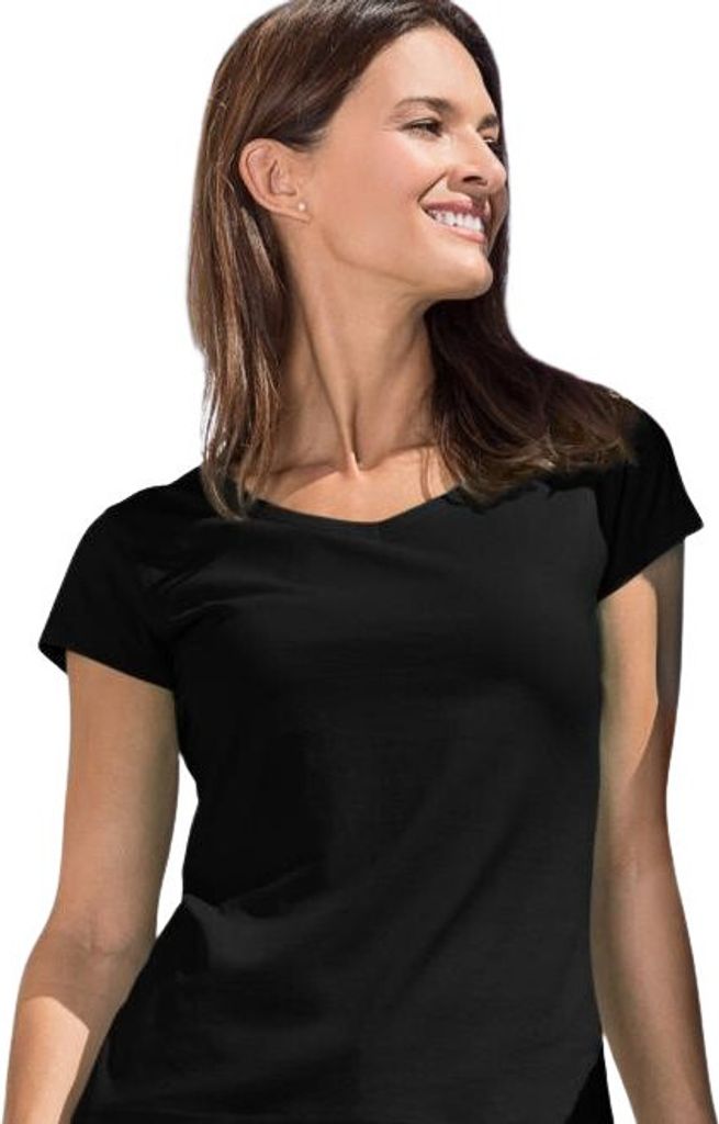 Baumwoll-T-Shirt mit V-Ausschnitt für Damen, 100% Baumwolle, unbedruckt, einfarbig, 180g/m2, Farbe schwarz, Größe S