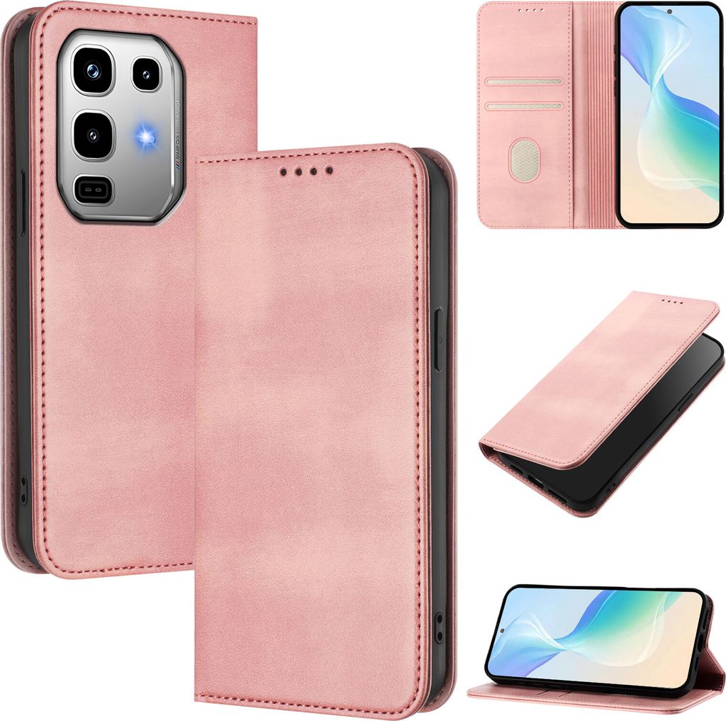 Handyhülle für Infinix Note 50 / Note 50 Pro 4G, Vintage Leder RFID Schutz Kartenfach Standfunktion Magnetische Klapphülle Pink