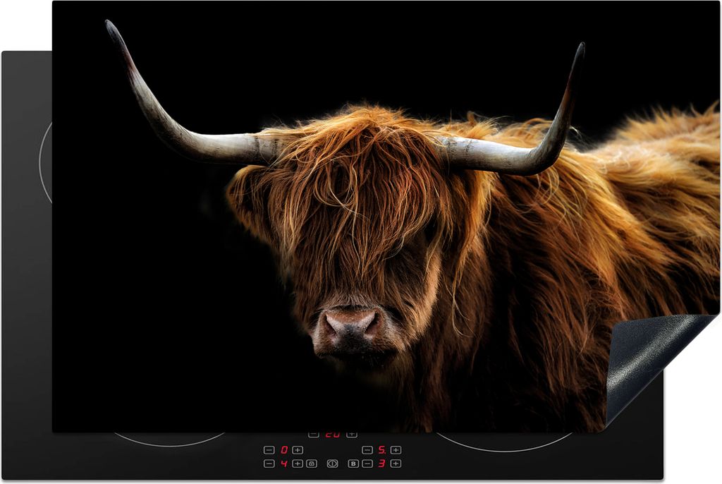 KitchenYeah Herdabdeckplatte Schottischer Highlander - Hörner - Schwarz - Tiere - Natur - Wild - Kuh , 81x52cm, Küche Deko, Glaskeramikkochfeld...