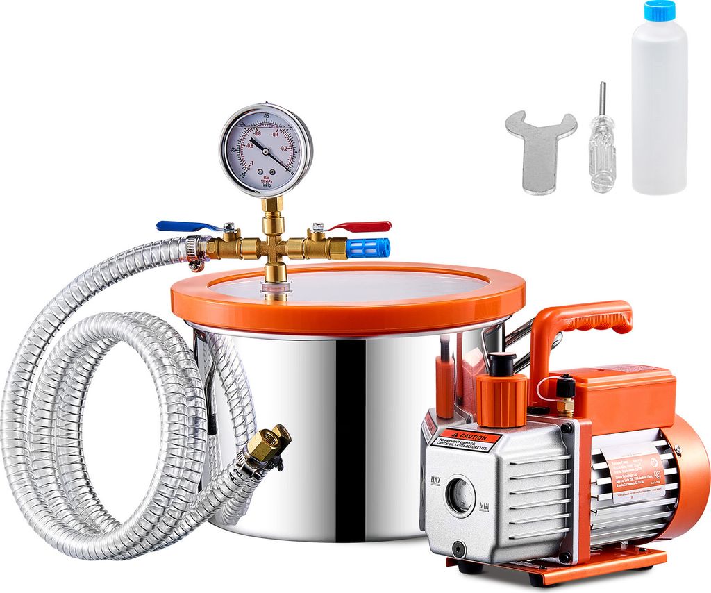 A vacuum chamber and pump kit is displayed against a white background.