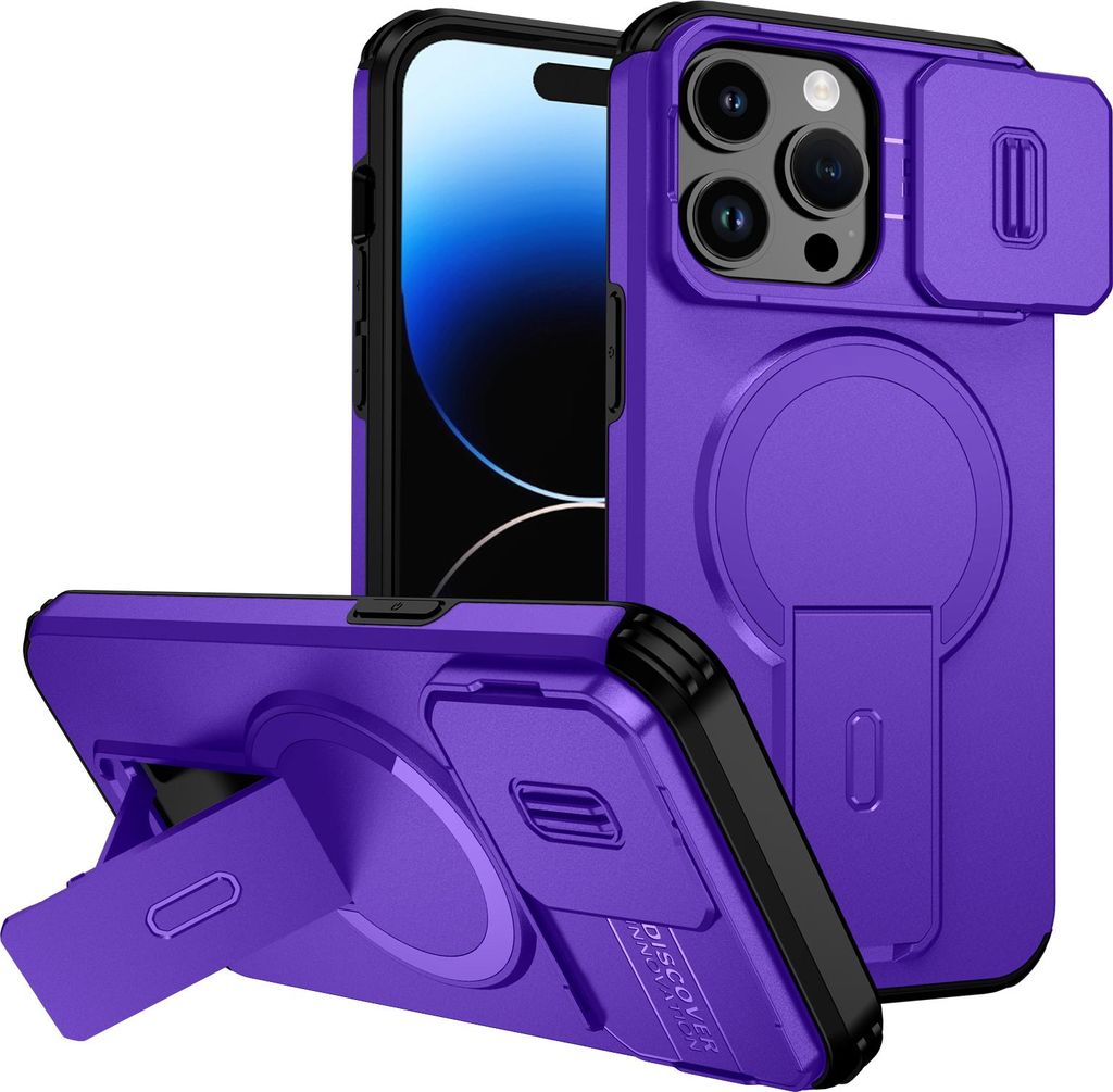 Magnetisch Hülle für iPhone 14 Pro, Dual Layer Stoßfest Handyhülle mit Dia Kameraschutz, Verstellbarem Ständer Lila