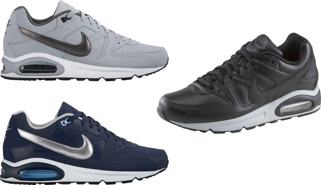 Three Nike Air Max Command Leather sneakers in different colorways are displayed against a white background.