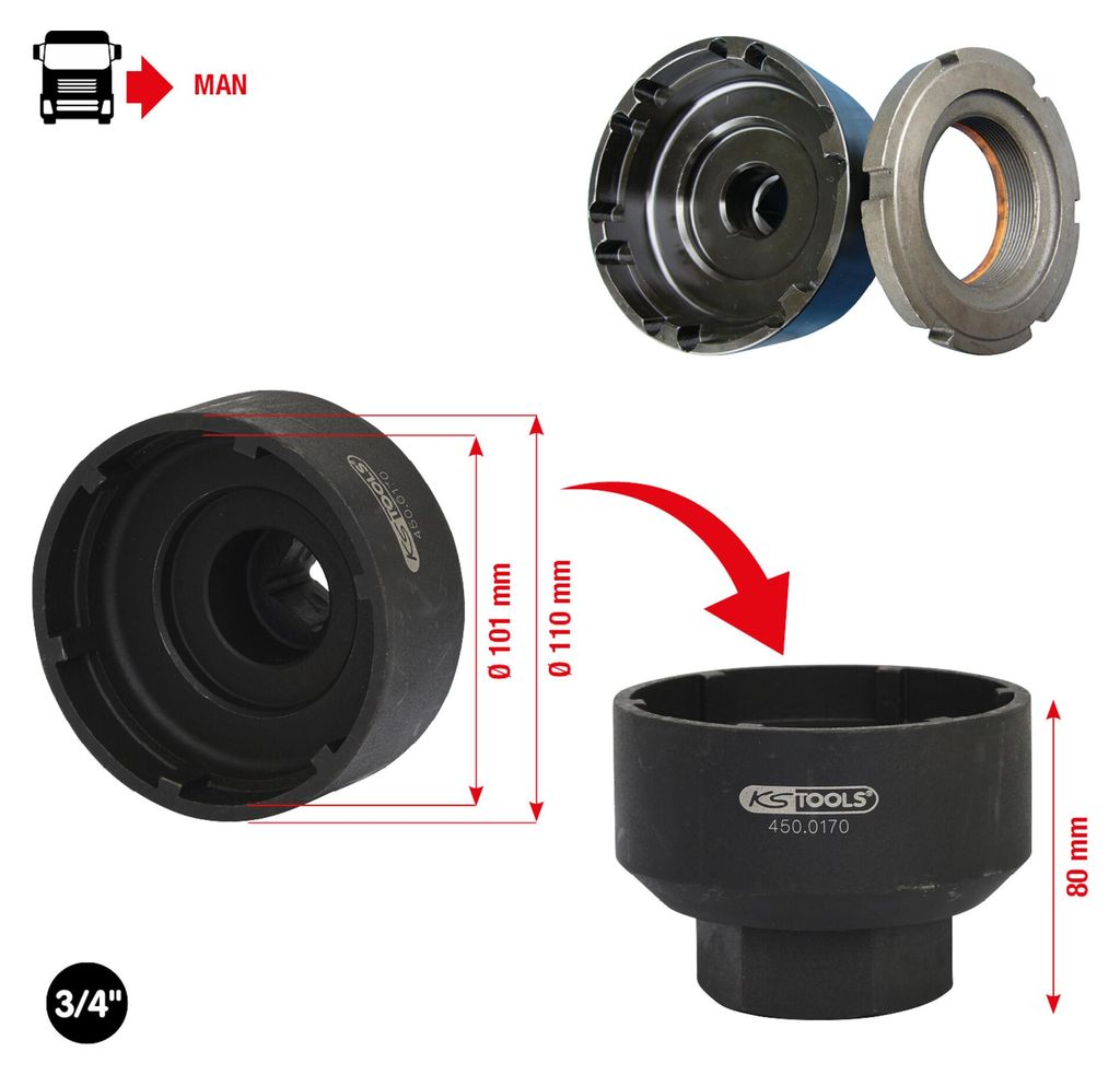 KS Tools 3/4 Nutmuttern-Schlüssel mit 6 Zapfen für MAN, 101-110 mm