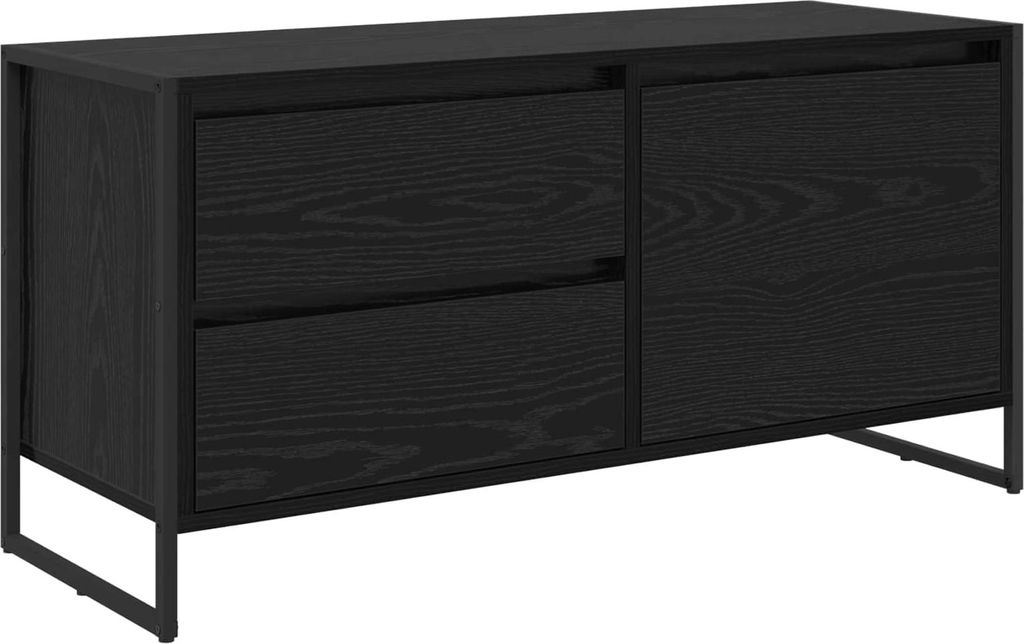 A black TV cabinet with two drawers and a cabinet door, shown from a front-side angle against a white background.