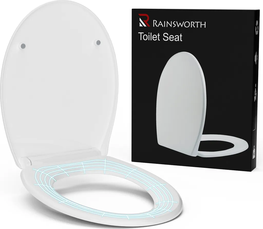 Sedile per WC Rainsworth con meccanismo di chiusura morbida Ovale Bianco - Duroplast Antibatterico Coperchio del WC con chiusura morbida Sgancio rapido a un pulsante Sedile per WC,