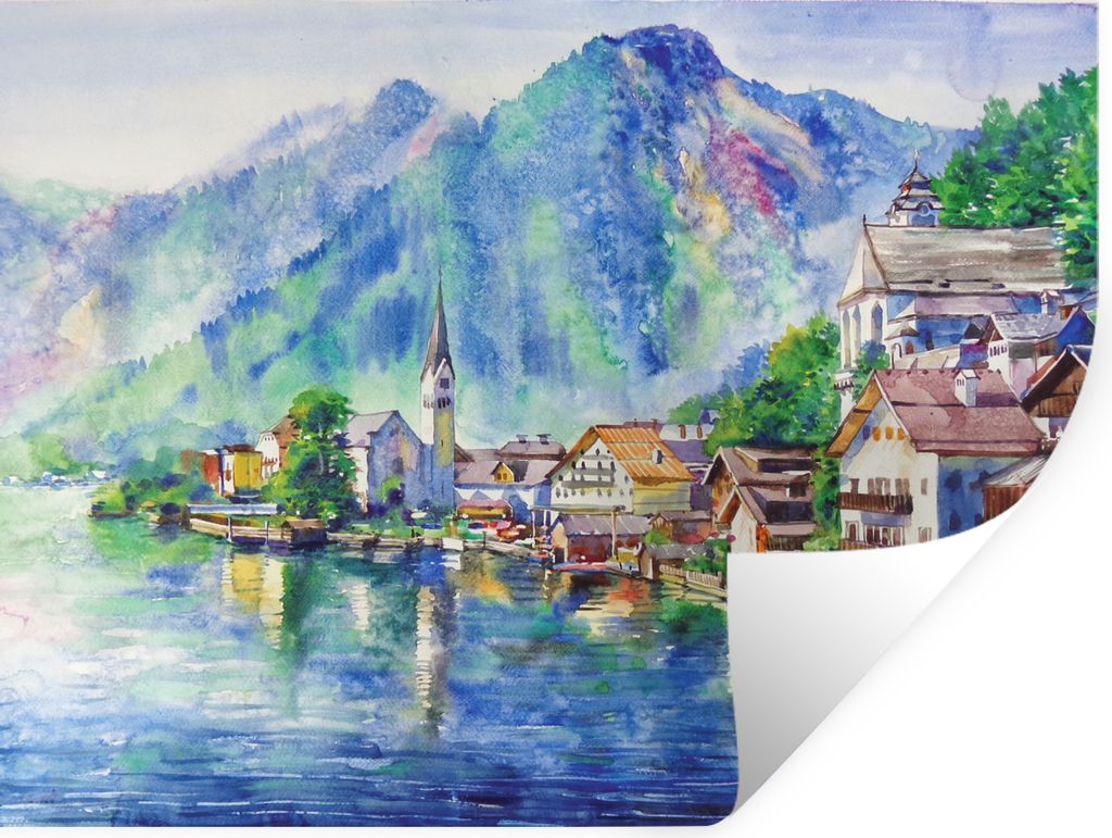 MuchoWow Wandtattoo Wandsticker Wandaufkleber Gemälde - Ölfarbe - Haus - Berge - Wasser 120x90 cm Selbstklebend und Repositionierbar - Aufkleber