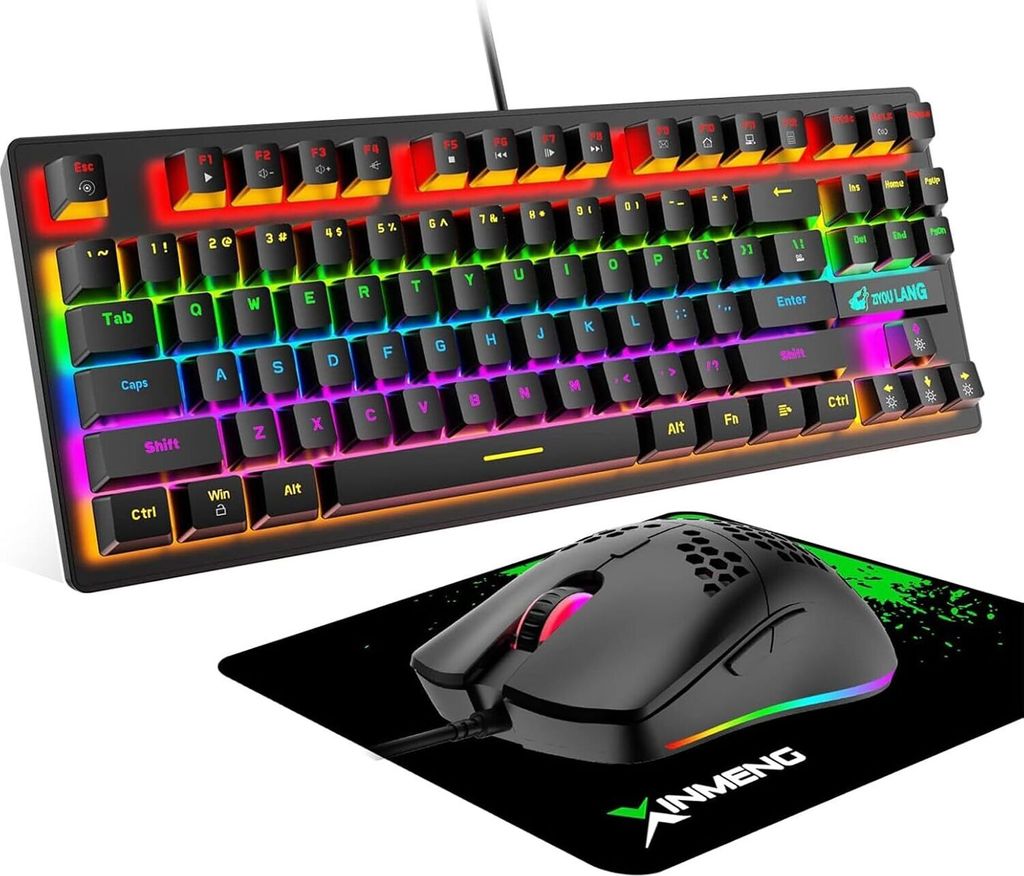 Gaming-Tastatur-Maus-Set, TKL 80% QWERTY Layout, Kompakt 87 Tasten, Klickbarer Blauer Schalter, Regenbogen-LED-Backlit Mechanische Tastatur + 6400 DPI