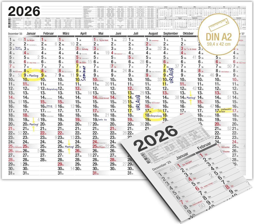 Wandkalender 2026 in A2 Größe - Übersichtlicher Jahreskalender 2026 mit Feiertagen und Wochennummern. Jahresplaner 2026 in 59 x 42 cm